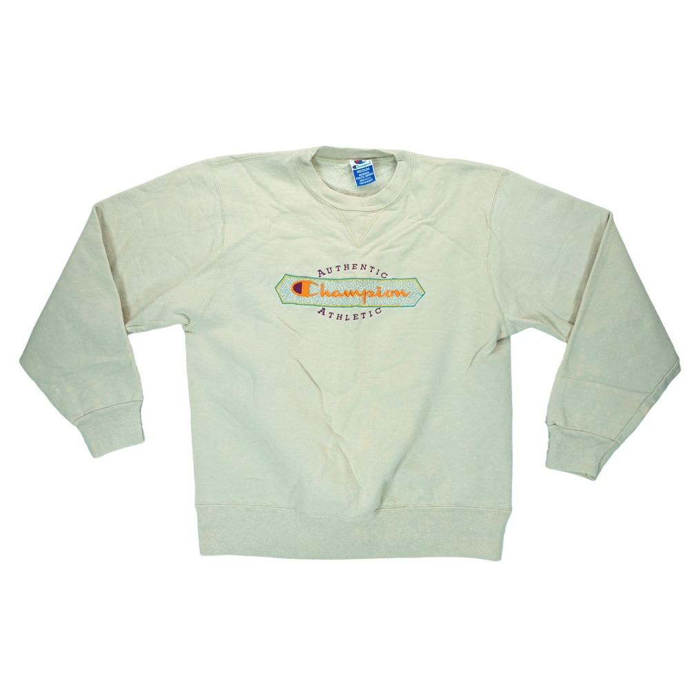 VTG Champion Beige Logo Crewneck 1990s Pullover Stitched‎ Sweatshirt Medium